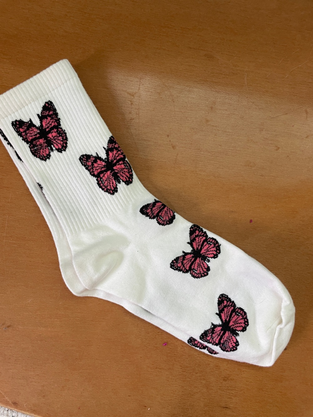 NEW White cotton tube socks Pink Butterfly Print Korea